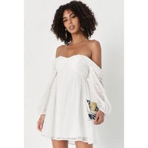 Lulus Sophisticated Darling White Eyelet Off-the-Shoulder Mini Dress Large NWT